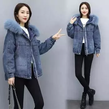Зимняя новая бархатная утолщенная джинсовая куртка женская средняя и длинная в иностранном стиле с большим меховым воротником куртка с хлопковой подкладкой пальто с хлопковой подкладкой искусственный мех S [below 105]