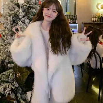 Зимняя новая белая искусственная лисья шерсть средней и длинной длины, молодая шуба, свободная модная плюшевая шуба для женщин S белый