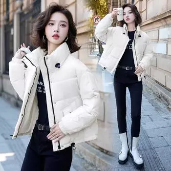 Зимняя новая черная и золотая хлопковая утепленная одежда женская короткая студенческая хлопковая утепленная одежда свободный воротник-стойка контрастного цвета M чёрный