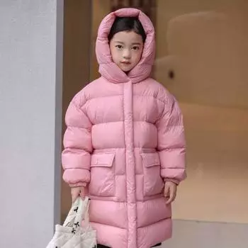 Зимняя новая детская куртка-пуховик из белого утиного пуха, выше колена, толстая хлопковая куртка для мальчиков и девочек с капюшоном 100cm розовый