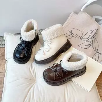 Зимняя новая детская обувь для девочек, хлопковая обувь, детские сапоги из овечьей шерсти, корейские сапоги принцессы с двойным бантом 26 чёрный