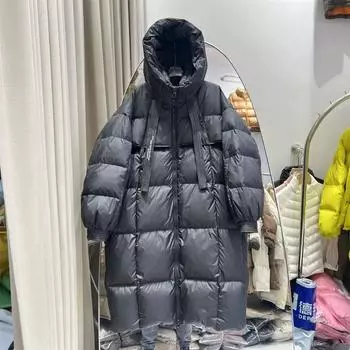 Зимняя новая длинная куртка-пуховик с капюшоном, женская свободная, утолщенная, большого размера, модная, с узким воротом, белая куртка-пуховик на утином пуху S кофейный