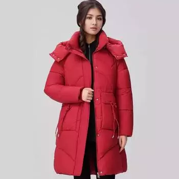 Зимняя новая длинная куртка выше колена женская с капюшоном утолщенная теплая хлопковая куртка женская 2 кармана повседневное хлопковое пальто женская одежда M красный