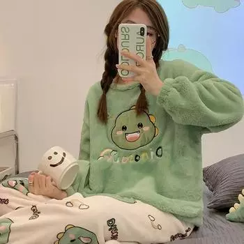 Зимняя новая фланелевая пижама, утепленная, с круглым вырезом и длинным рукавом, женский комплект из 2 предметов, милый домашний костюм с принтом динозавра для женщин XL