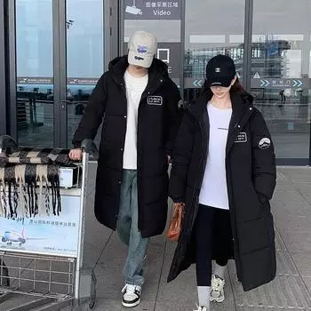 Зимняя новая хлопковая куртка до колена, женская, средней и длинной длины, корейская версия, куртка, свободное и утолщенное пальто M чёрный