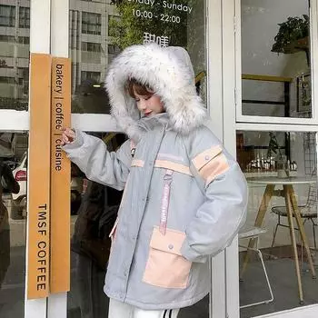 Зимняя новая хлопковая куртка женская толстая с капюшоном большой меховой воротник рабочая хлопковая куртка для студенток корейская версия свободная хлопковая куртка BF S baby голубой