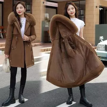 Зимняя новая хлопковая одежда с подкладкой, женская корейская версия, средняя и длинная, большой меховой воротник, бархатный внутренний пирог, пальто Overcome M бежевый