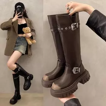 Зимняя новая коллекция осень/зима модные высокие сапоги с пряжкой на толстом каблуке в стиле ретро 35