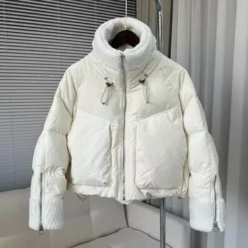 Зимняя новая корейская куртка-пуховик женская короткая из овечьей шерсти с воротником-стойкой белая куртка-пуховик на утином пуху M