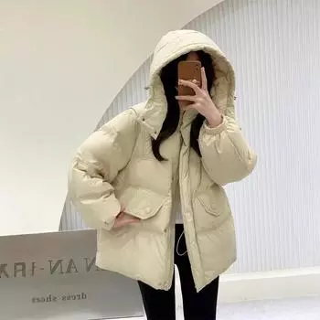 Зимняя новая корейская версия 2024 года с капюшоном, пуховик, женская длинная повседневная свободная утолщенная белая пуховая куртка S 90-62.5 kg