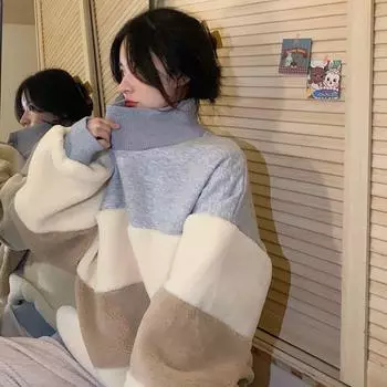 Зимняя новая корейская версия Bf Wind Loose большого размера Lazy Wind Lamb Cashmere Color Match Color Half High Voite Hoodie Women M серый