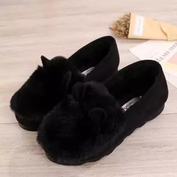 зимняя новая корейская версия модных пушистых кроличьих ушек на толстой подошве бархатные теплые туфли Doudou модные хлопковые туфли накладные туфли 35 чёрный