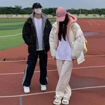 Зимняя новая короткая куртка-пуховик из хлопка унисекс с капюшоном из овечьей шерсти для пары S [Below 50kg] белый