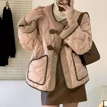 Зимняя новая короткая куртка-пуховик с пряжкой из рогового меха, женская, с круглым вырезом, утолщенная, теплая куртка Average size 90-70 kg хаки