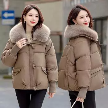 Зимняя новая короткая куртка-пуховик женская парки меховой воротник толстые хлопковые пальто одежда черный хаки повседневная верхняя одежда женская L