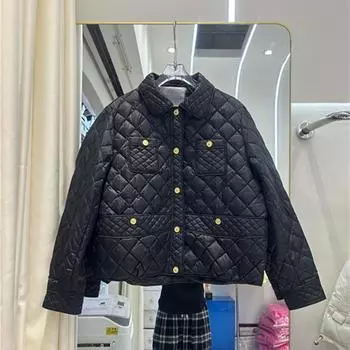 Зимняя новая короткая куртка-пуховик женская с лацканами в форме ромба корейская версия британская легкая белая куртка-пуховик на утином пуху прилив S хаки