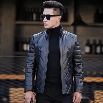 Зимняя новая кожаная куртка мужская тонкая с воротником-стойкой короткая утолщенная теплая кожаная куртка M чёрный