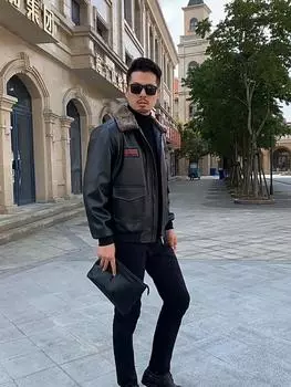 Зимняя новая кожаная куртка мужская утолщенная повседневная куртка из овчины с интегрированным флисом Tide L чёрный