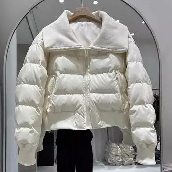 Зимняя новая кожаная куртка-пуховик женская трикотажная с большим лацканом утолщенная и тонкая иностранная куртка в стиле хлеба маленькая короткая куртка прилив S recommends within 57.5 kg белый