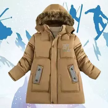 Зимняя новая куртка для мальчиков, однотонная, с принтом букв, утепленная, с капюшоном, детская мода, пуховые куртки с хлопковой подкладкой 120 чёрный