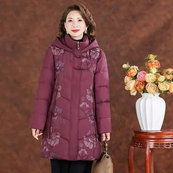 Зимняя новая куртка для мам среднего и пожилого возраста, женская зимняя одежда средней и длинной длины с вышитой пряжкой-диском, большой размер, свободное пальто XL [recommended about 90-55 kg]