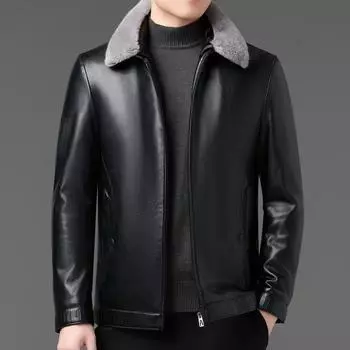 Зимняя новая куртка из натуральной кожи для папы среднего возраста с утолщенным меховым воротником, кожаная куртка-пуховик, мужская куртка из овчины 170