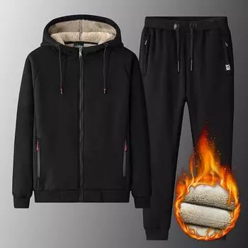 Зимняя новая куртка из овечьей шерсти с капюшоном и молнией, два комплекта утепленных и стеганых мужских спортивных костюмов большого размера для отдыха и отдыха L