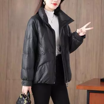 Зимняя новая куртка-пуховик большого размера для женщин из натуральной кожи, короткая, толстая, мм, свободная, универсальная куртка из натуральной кожи S