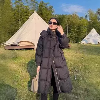 Зимняя новая куртка-пуховик для женщин 2024 года, удлиненная, утолщенная, теплая, с капюшоном, модная, иностранная, корейская версия, свободное пальто M белый