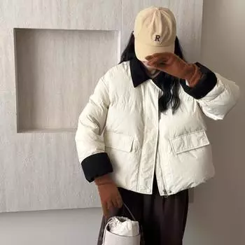 Зимняя новая куртка-пуховик для женщин 2024 года, короткая, с небольшим вельветовым лацканом, контрастная белая куртка из утиного пуха S