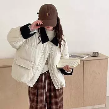 Зимняя новая куртка-пуховик для женщин 2024 года, короткая, с небольшим вельветовым лацканом, контрастная белая куртка из утиного пуха S