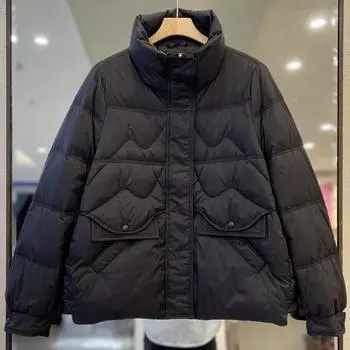 Зимняя новая куртка-пуховик для женщин 2024 года с коротким воротником-стойкой, простая и универсальная, модная, повседневная, теплая, белая куртка-пуховик на утином пуху S покинуть белый