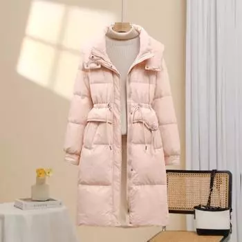 Зимняя новая куртка-пуховик для женщин 2024 года, средняя и длинная, выше колена, утолщенная, с капюшоном, с зауженной талией, белая куртка на утином пуху S recommends within 62.5 kg