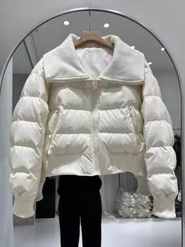 Зимняя новая куртка-пуховик из искусственной кожи, женская трикотажная, с большими лацканами, утолщенная и тонкая, в иностранном стиле, куртка-хлеб, маленькая короткая куртка, прилив S recommends within 57.5 kg белый