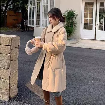 Зимняя новая куртка-пуховик из овечьей шерсти белого цвета с удлиненной талией и тонким модным пальто для женщин S size 90-60kg хаки