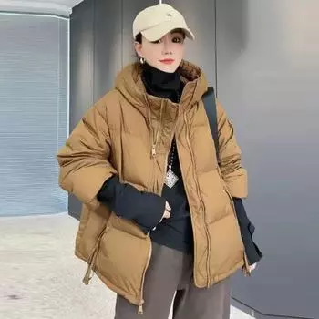 Зимняя новая куртка-пуховик с длинными рукавами и утолщенной молнией для поездок на работу, свободная, с объемным декоративным узором S золотисто-коричневый