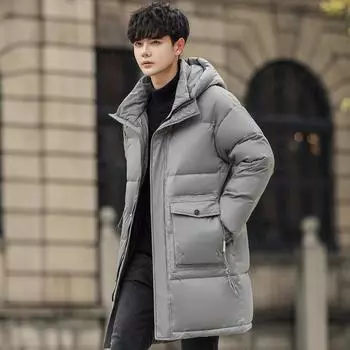 Зимняя новая куртка-пуховик с капюшоном, длинная мужская, корейская версия, утолщенная мужская куртка, мужская длинная куртка-пуховик для мужчин M чёрный