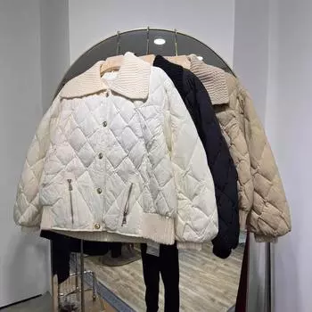 Зимняя новая куртка-пуховик с трикотажным лацканом, женская короткая свободная и тонкая однобортная куртка S хаки