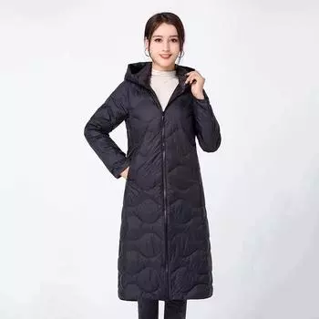 Зимняя новая куртка-пуховик средней и длинной длины до колена для женщин в Корейском стиле с капюшоном, модное тонкое белое волнистое пальто на утином пуху M белый