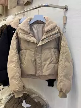 Зимняя новая куртка-пуховик женская белая утиная пуховая свободная утолщенная искусственная овечья шерсть короткая термокуртка модная S recommends within 60 kg хаки