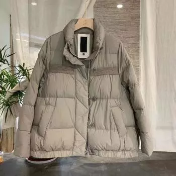 Зимняя новая куртка-пуховик женская литературная мода воротник-стойка однотонная сращивание теплая универсальная белая куртка-пуховик прилив M
