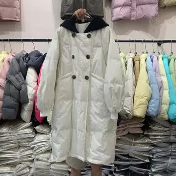 Зимняя новая куртка-пуховик женская съемный шарф вязаная шапка свободная утолщенная теплая модная корейская версия средняя и длинная S хаки