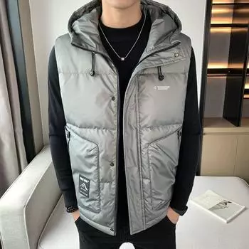 Зимняя новая куртка-пуховик жилет мужской короткий с капюшоном пух утолщенный для сохранения тепла M