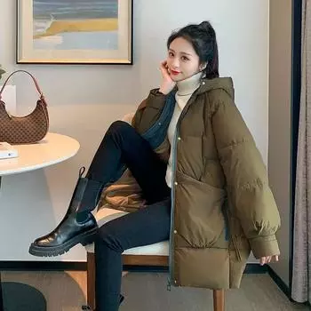 Зимняя новая куртка с капюшоном средней длины с хлопковой подкладкой, женская зимняя куртка, однотонная молния, теплая повседневная верхняя одежда, женские пальто S хаки