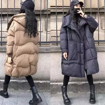 Зимняя новая куртка свободного покроя большого размера с капюшоном для женщин 2024 года из Японии и Кореи, утолщенная куртка Tide One size чёрный