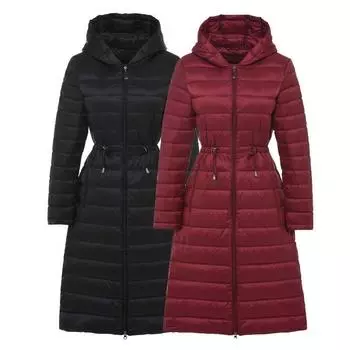 Зимняя новая легкая куртка-пуховик женская средняя и длинная до колена корейская версия талия узкая и тонкая универсальная теплая куртка S чёрный