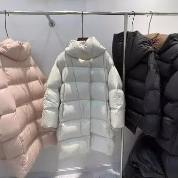 Зимняя новая легкая роскошная белая гусиная пуховая длинная повседневная свободная мягкая куртка-пуховик женская куртка с капюшоном S чёрный