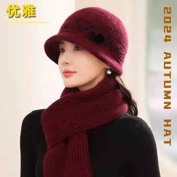 Зимняя новая легкая роскошная шапка из кроличьей шерсти для людей среднего и пожилого возраста, комплект с шарфом, утолщенная защитная наушника, вязаная шапка для мам, термошапка для бассейна Single Hat