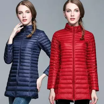 Зимняя новая легкая средняя и длинная модная тонкая пуховая куртка женская легкая пуховая куртка-стойка большого размера 2024 года S хаки