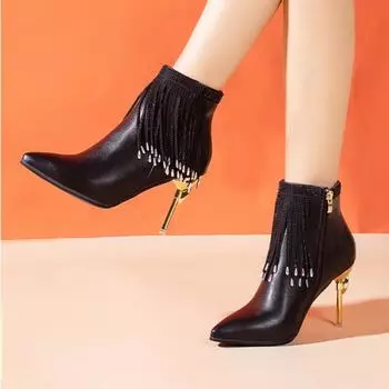 Зимняя новая мода 2024 года из заостренной кожи с боковой молнией на тонком каблуке и бархатом для теплых и удобных женских голых ботинок 34 чёрный